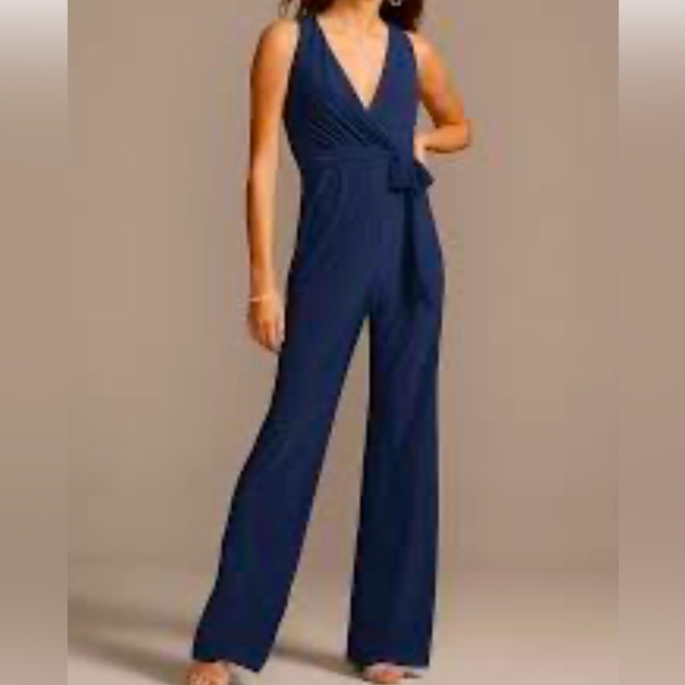 Navy Blue, V- Neckline, Sleeveless, Belted Jumpsuit